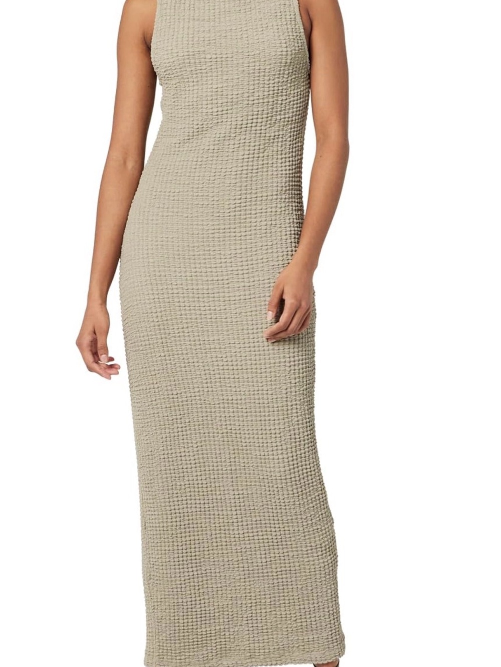 Sleeveless Waffle-Knit Midi Dress in Taupe